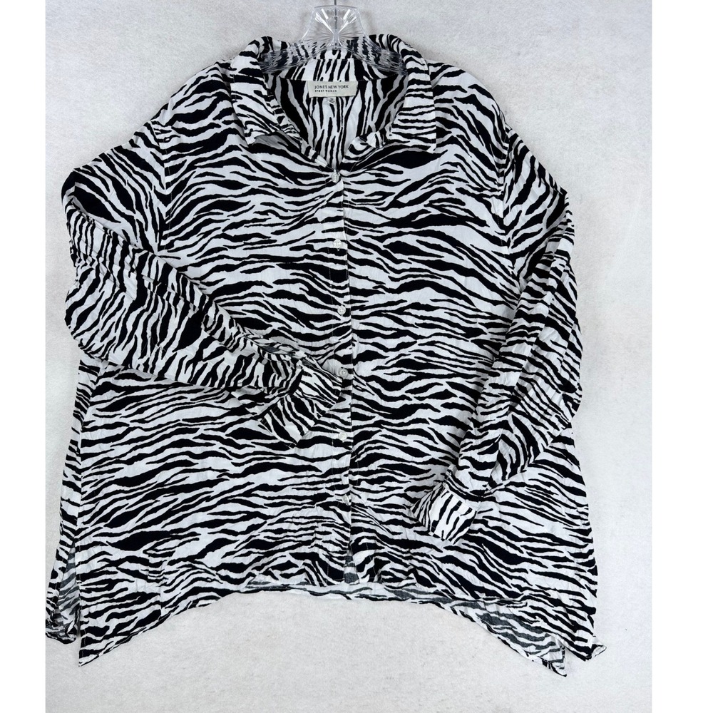Jones New York Sport Woman Zebra Print Button Up Blouse Black White 3X Plus Size
